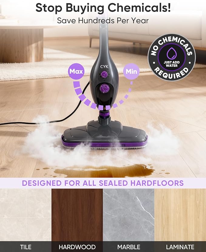 CYK Steam Mops for Floor Cleaning, 12 in 1 Handheld Steam Cleaner for Home, Floor Steamer for Hardwood Floors and Tile (Purple-grey)