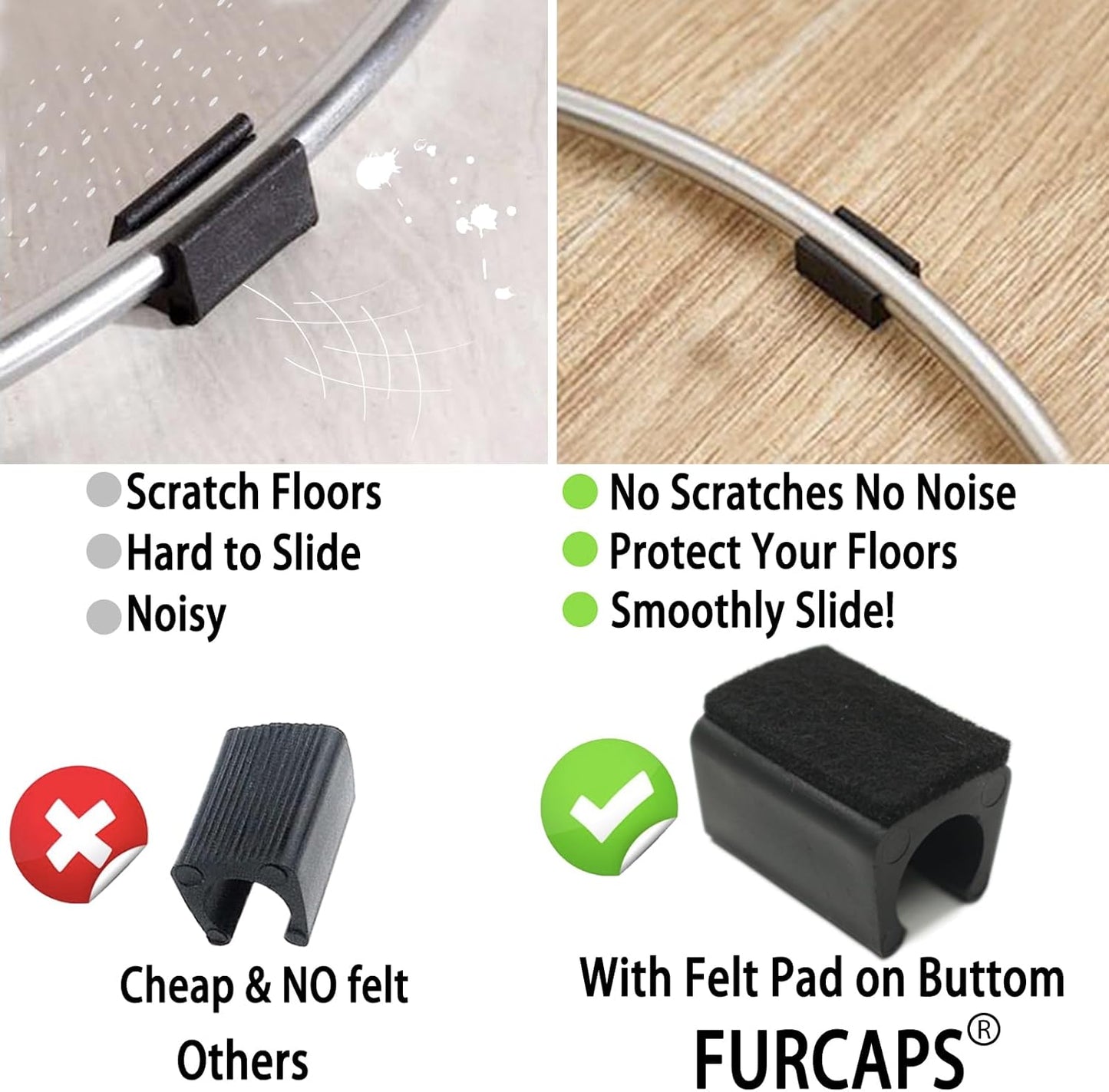 Rectangle U Shaped Chair Leg Tips Cap with Felt Pads,Furniture Feet Protectors Slide Smoothly Glides,Protect Hardwood Floor No Scratches No Noise,Fit 14mm(9/16inch) Diameter Tubular Legs (Black 8PCS)