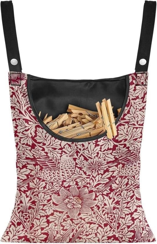Strength Clothespin Bag 14.5x12 Inches - Vintage Bird Flower Red Print Commercial Quality Storage with Oversized Opening - Heavy Duty Polyester Construction with Reinforced Grommets
