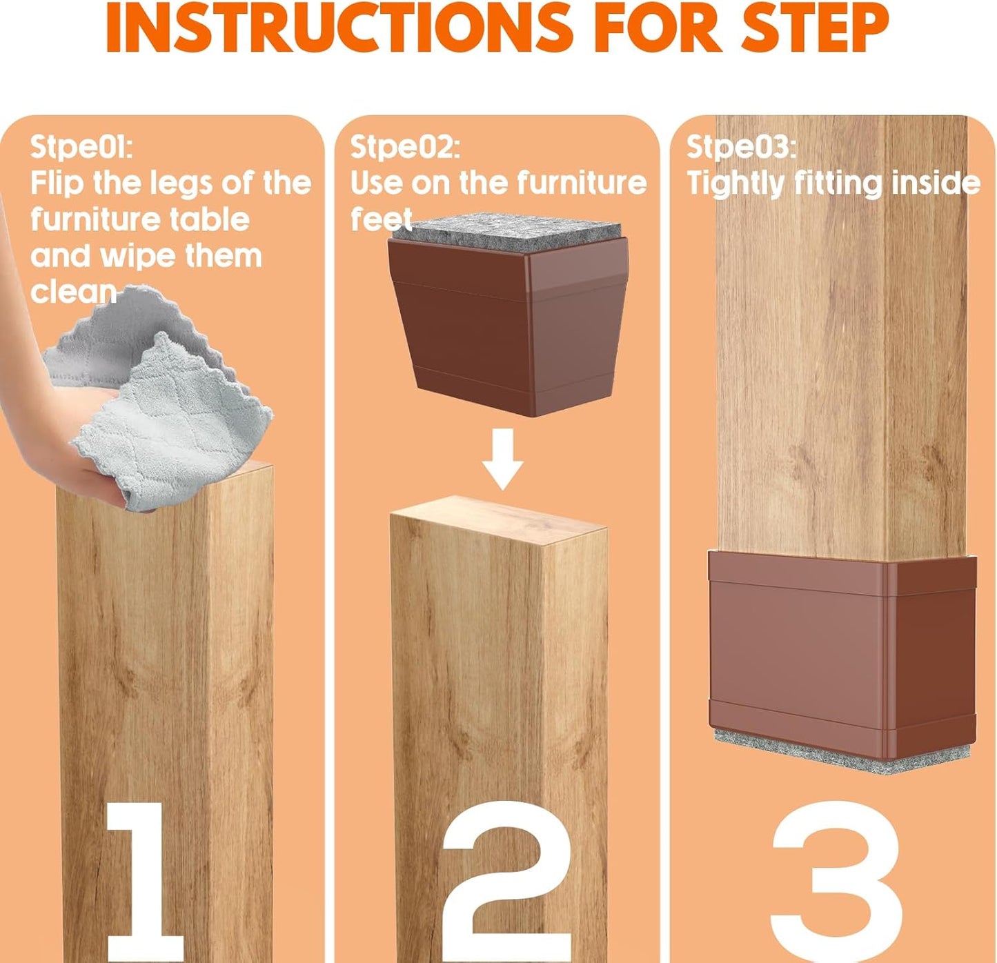Rectangle Chair Leg Protectors for Hardwood Floors,16 PCS Silicone Covers to Protect Wood Tile Floors Felt Pads Furniture Leg Caps Reduce Noise. Easy to Move.(Brown,1.5 x 3 Inch,Rectangle)