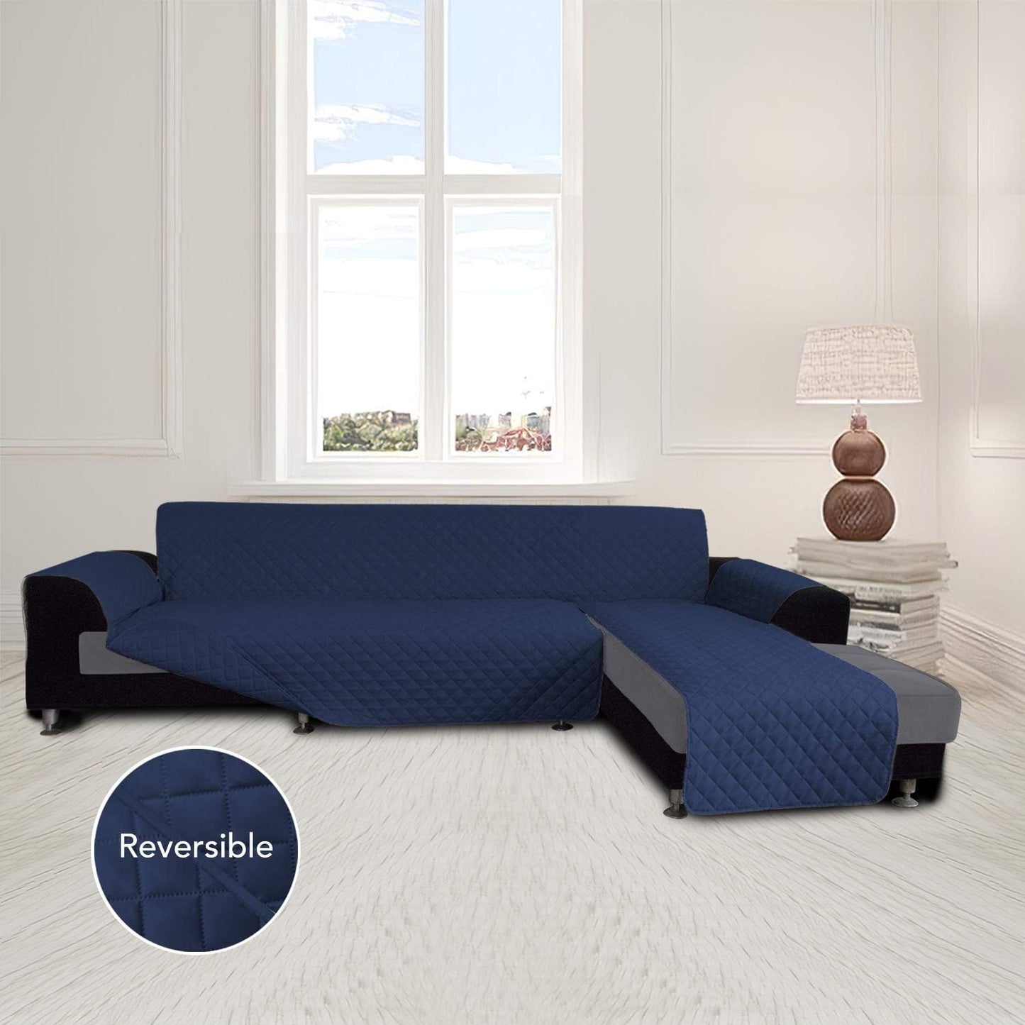 Easy-Going L Shape Couch Cover - Sectional Chaise Lounge Sofa Slipcover Reversible Dog Cat Pet Kids Children Furniture Protector (Large, Navy)