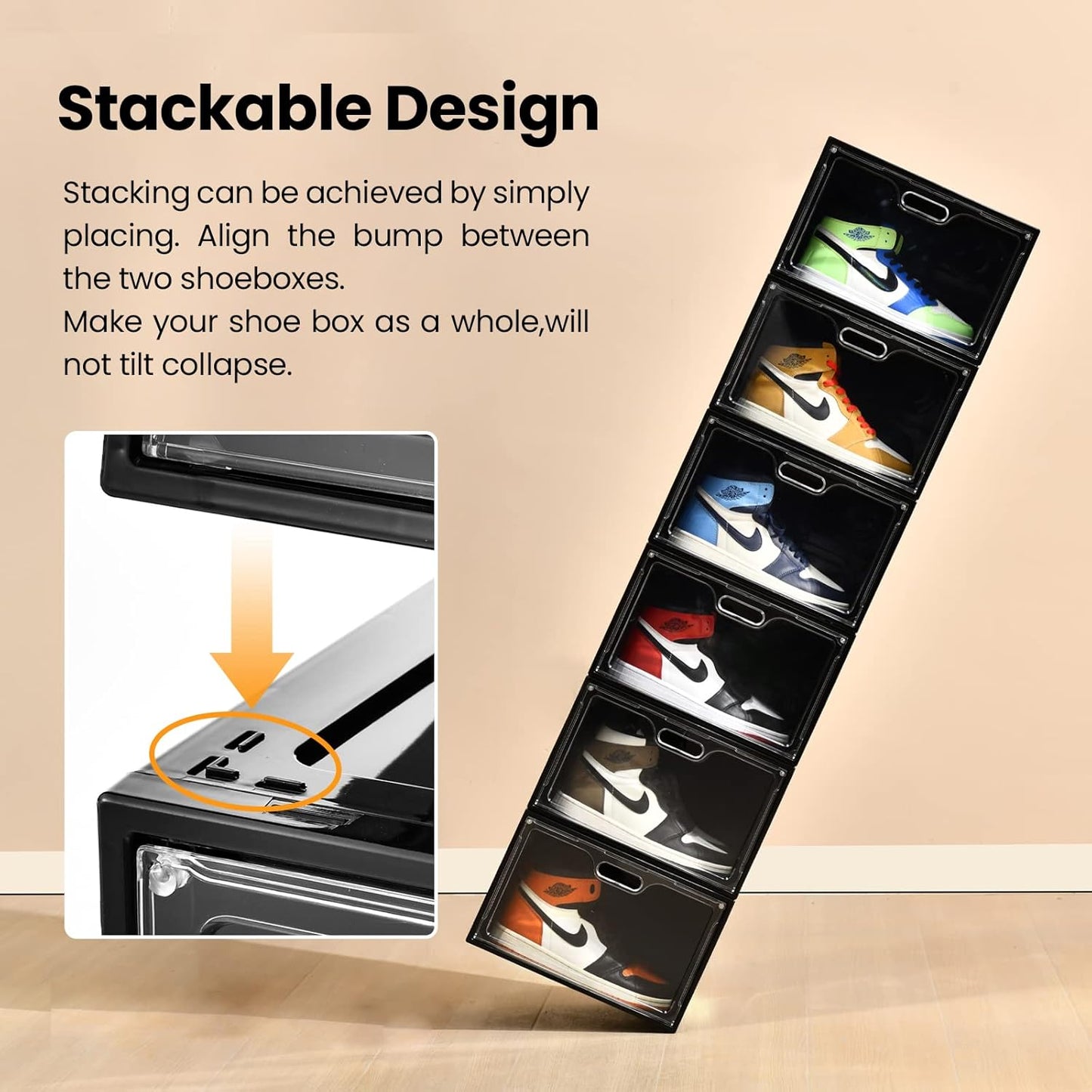 8 Pack Shoe Boxes Black Plastic Stackable, Large Shoe Storage Organizer,Drop Side Front Shoe Containers for Entryway,Sneaker Storage Fit up to US Size 13 for Men/Women(13’’x 10.6”x 8.3”)