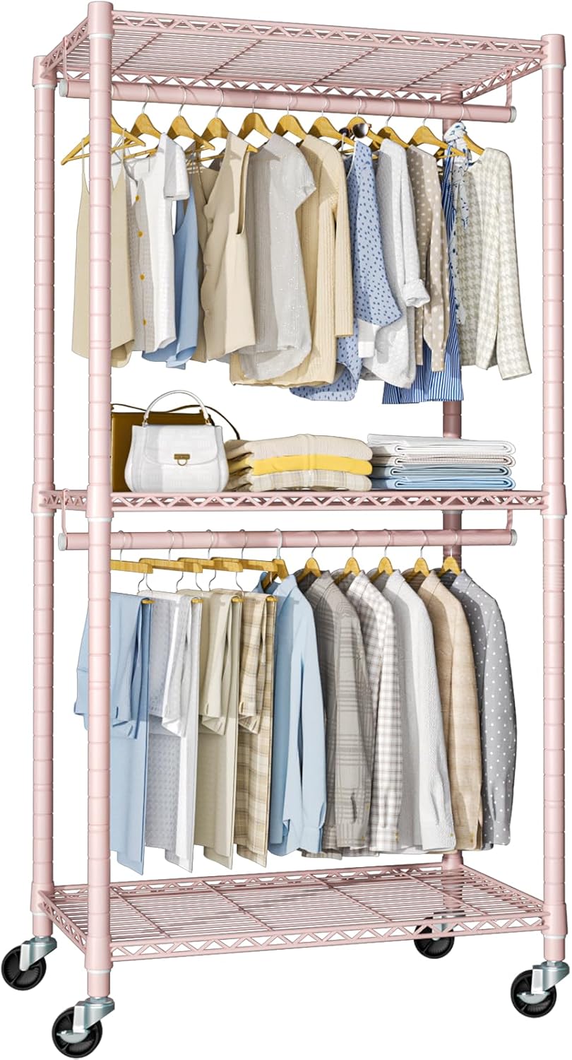 FUTASSI P1 Medium Heavy-Duty Portable Closet, 30" W x 14" D x 76" H, Metal Rolling Clothing Rack, Pink