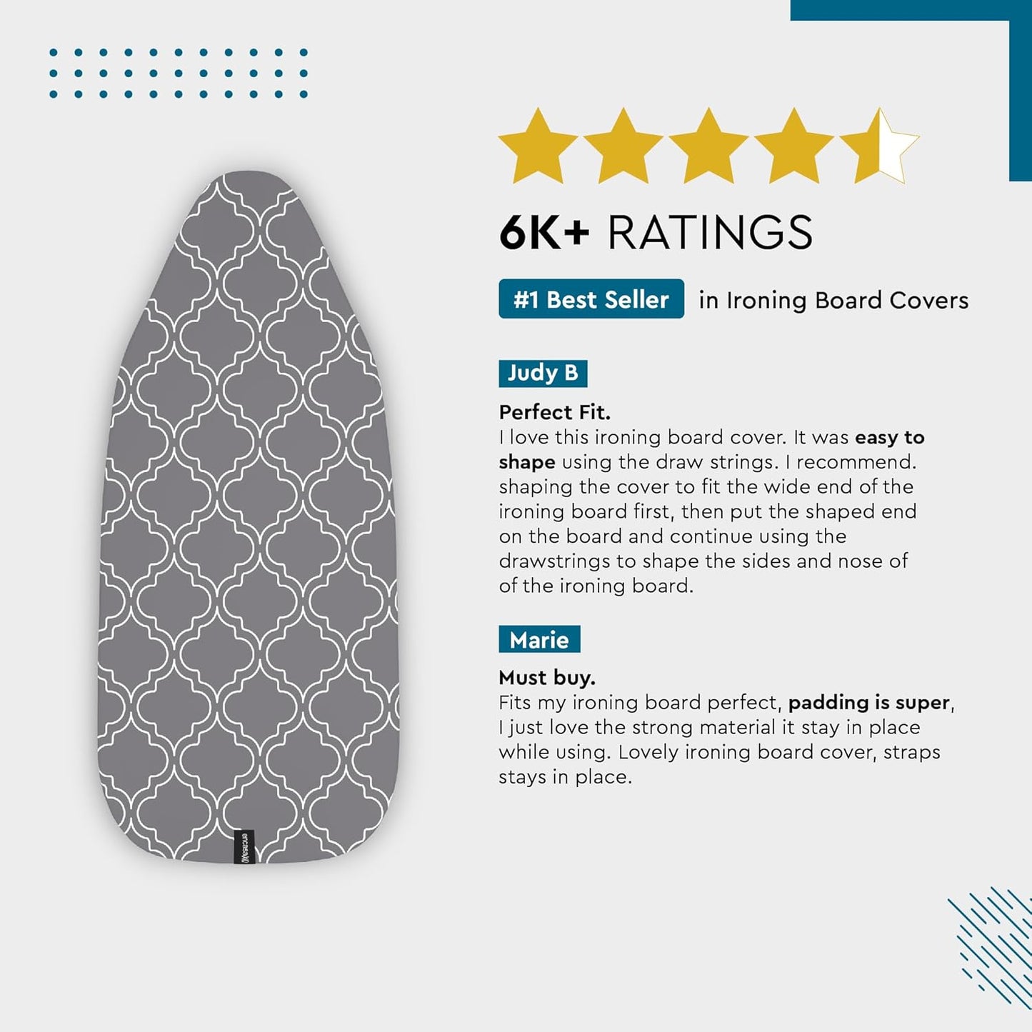Encasa XO Ironing Board Cover and Pad 49"x18" - Thick 3mm Felt Padding, Drawstring Tightening & Lock, Easy Fit, Scorch & Stain Resistant, Fits Wide Ironing Board - Daisy Grey
