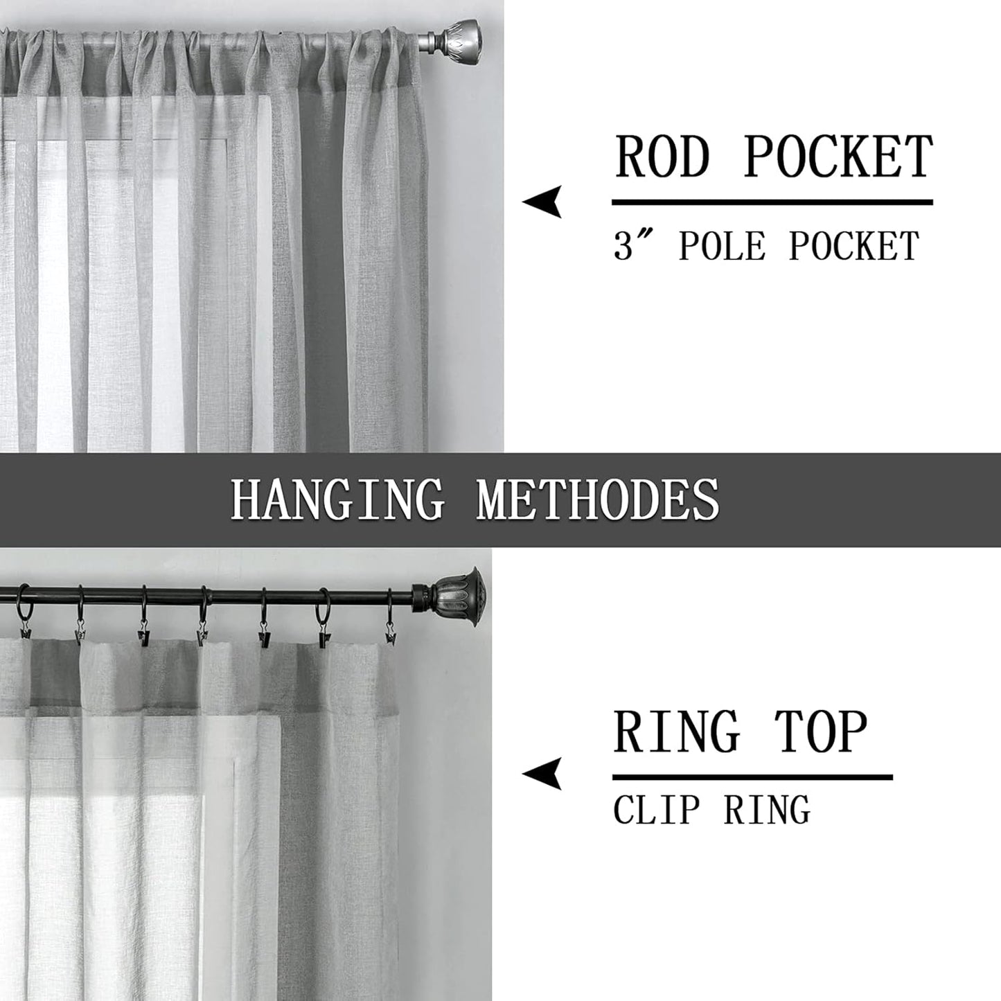 Tollpiz Sheer Curtains Bedroom Linen Textured Curtain Sheers Light Filtering Voile Rod Pocket Curtains for Living Room, 38 x 84 inches Long, Silver Grey, Set of 2 Panels