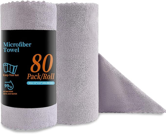 Jessy Home 80 Pack Microfiber Cleaning Cloth Roll Reusable Paper Towels 12"x12" Tear Away Cloth, Microfiber Towels for Cars, Wash Cloths, Lint Free Rags for House, Kitchen,Window,Cleaning Supplies