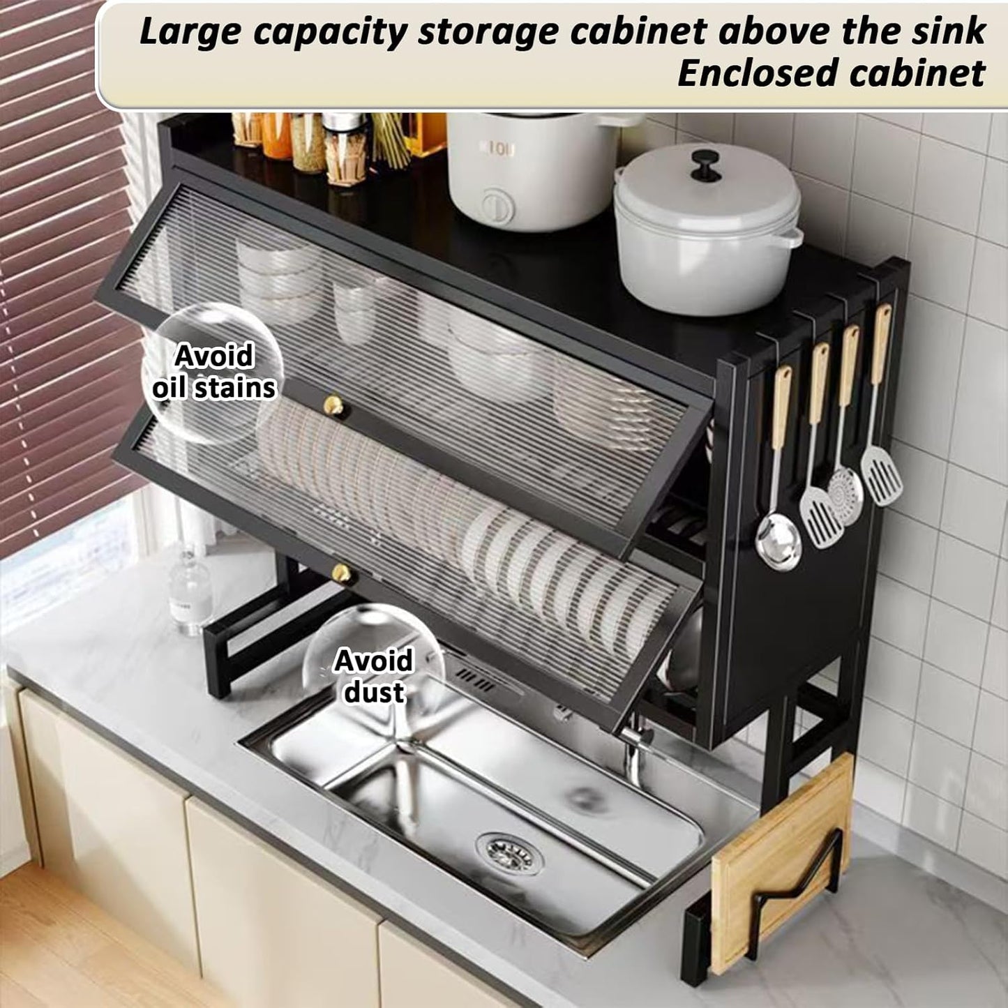 Over The Sink Dish Drainer Drying Rack 4 Tiers with Cover, Keep Kitchen Sink Shlef Organized Space-Saving Dish Drying Rack, Large Drying Rack for Dishes, Glasses, Bowls, Cutlery W-33.5in