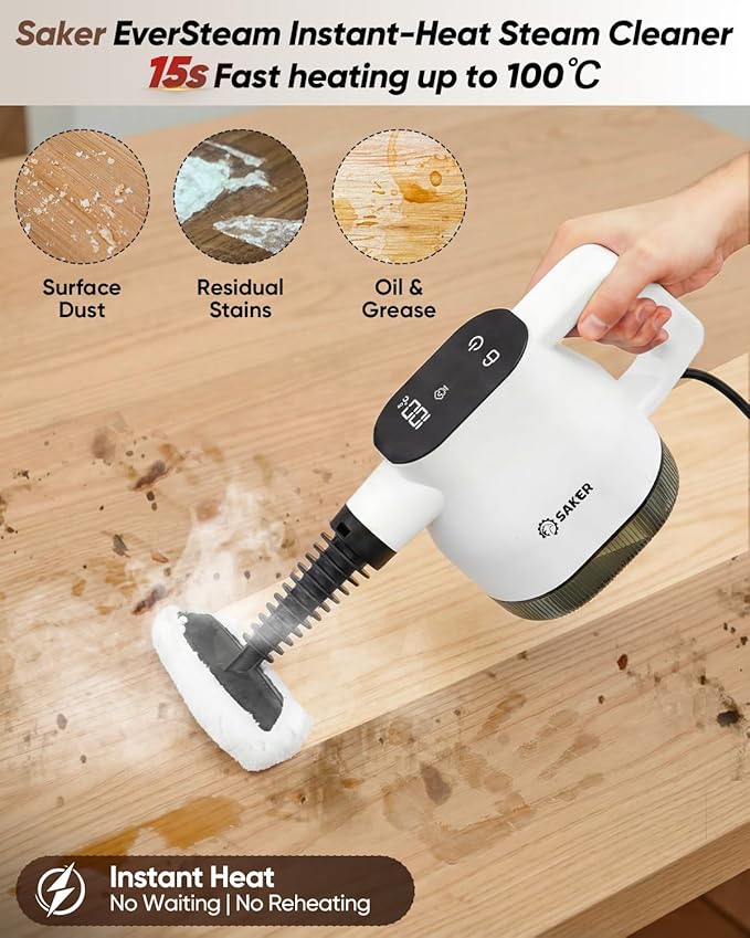 Saker EverSteam Instant-Heat Steam Cleaner for Home,15s Heat-up Handheld Steam Cleaner, Lightweight Portable Continuous Refill Steamer for Deep Cleaning of Floor, Car and Kitchen