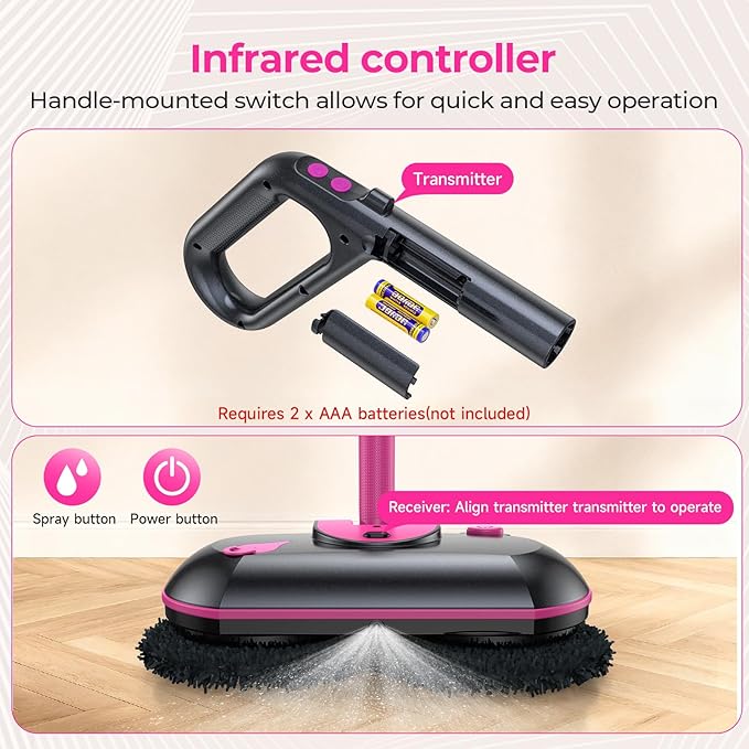 ScrubWiz Cordless Electric Spin Mop with Water Sprayer, 300ml Tank Self-Propelled Floor Cleaner for Hardwood & Tile, Quiet Cleaning, Adjustable Handle, 2500mAh Long-Lasting Battery, Pink