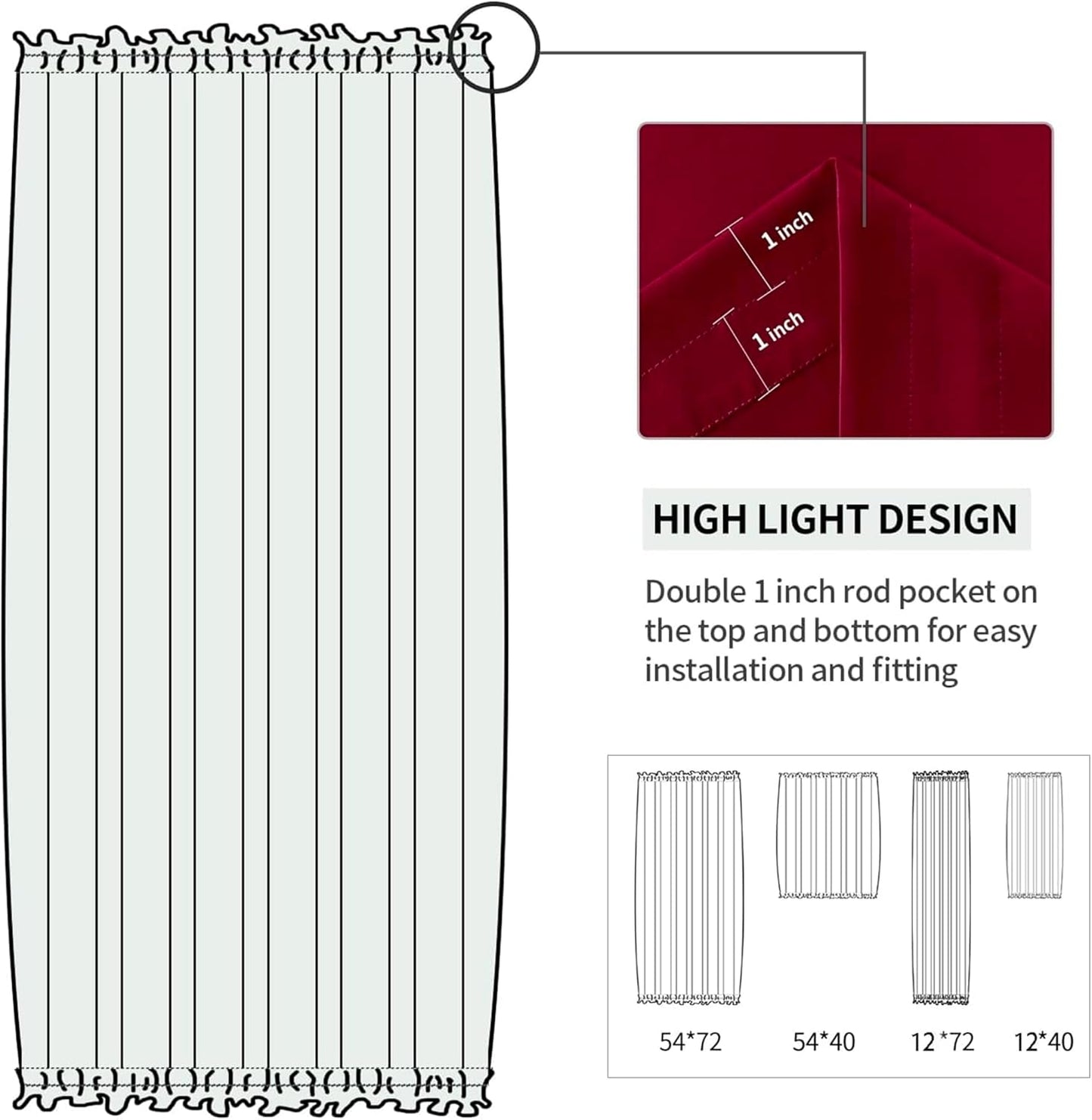 DWCN French Door Curtains – Rod Pocket Thermal Blackout Curtain for Doors with Glass Window, Kitchen and Patio Doors for Privacy, 12 X 72 Inches Long, 1 Curtain Panel with Tieback, Burgundy