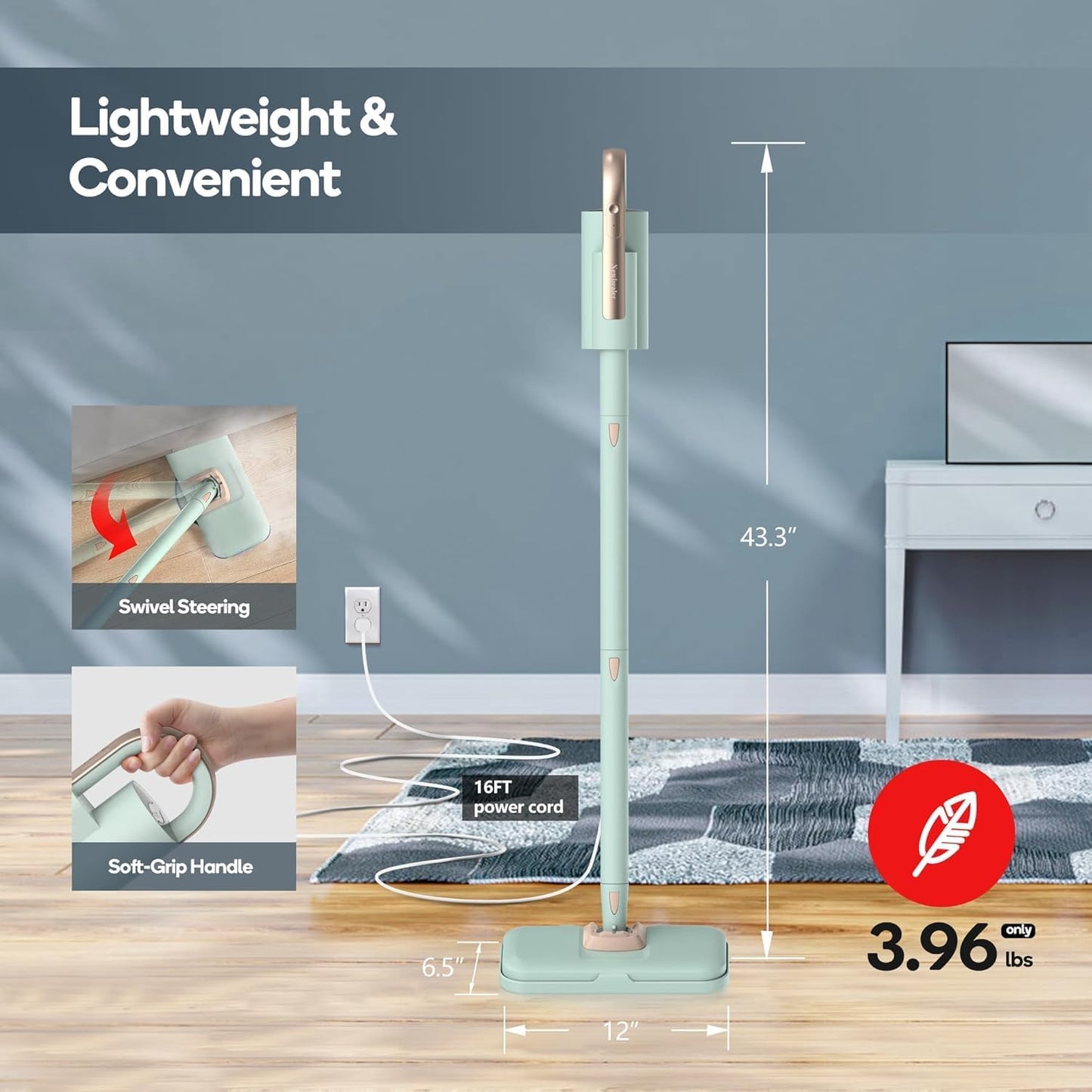 Newbealer Steam Mop & Detachable Handheld Cleaner, 250ml 1200W Powerful Floor Steamer, 3 Adjustable Levels for Carpet Laminate Hardwood Grout, Carpet Glider, 7 Multi-purpose Accessories & 2 Pads