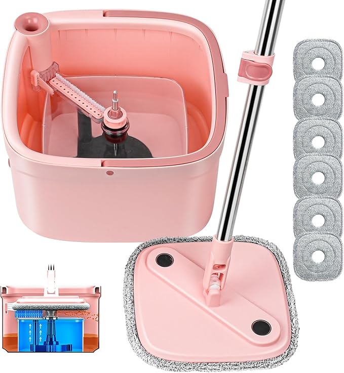 Upgraded Spin Mop and Bucket System Set, Self Separate Clean and Dirty Water, Foldable Square Standing Mop Head with Microfiber Mop Pads, Detachable Bucket (Pink, 1.0 Mop Bucket Set with 6 Pads)
