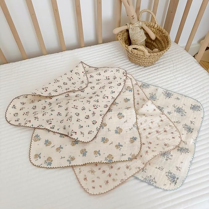 BuLuTu Double-Layer Muslin Cotton Cleaning Cloths Chic Shabby Floral Print Towels Set - Pack of 4, 11x11 Inches, Soft, Absorbent, No Shrink, Kitchen Towel Wipe Dishcloths Cleaning Rags