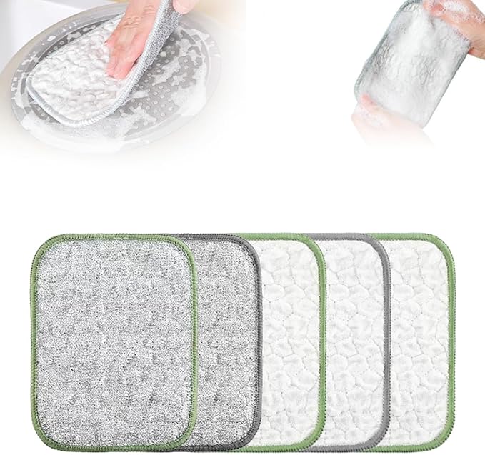 Multipurpose Wire Dishwashing Cloth, 2025 Upgraded Double-Sided Cleaning Cloth, Silver Stainless Steel Cloth and Multi-Layer Cotton Thread, Metal Scrubbing Pads Sponge Cloths for Home Kitchen (5)