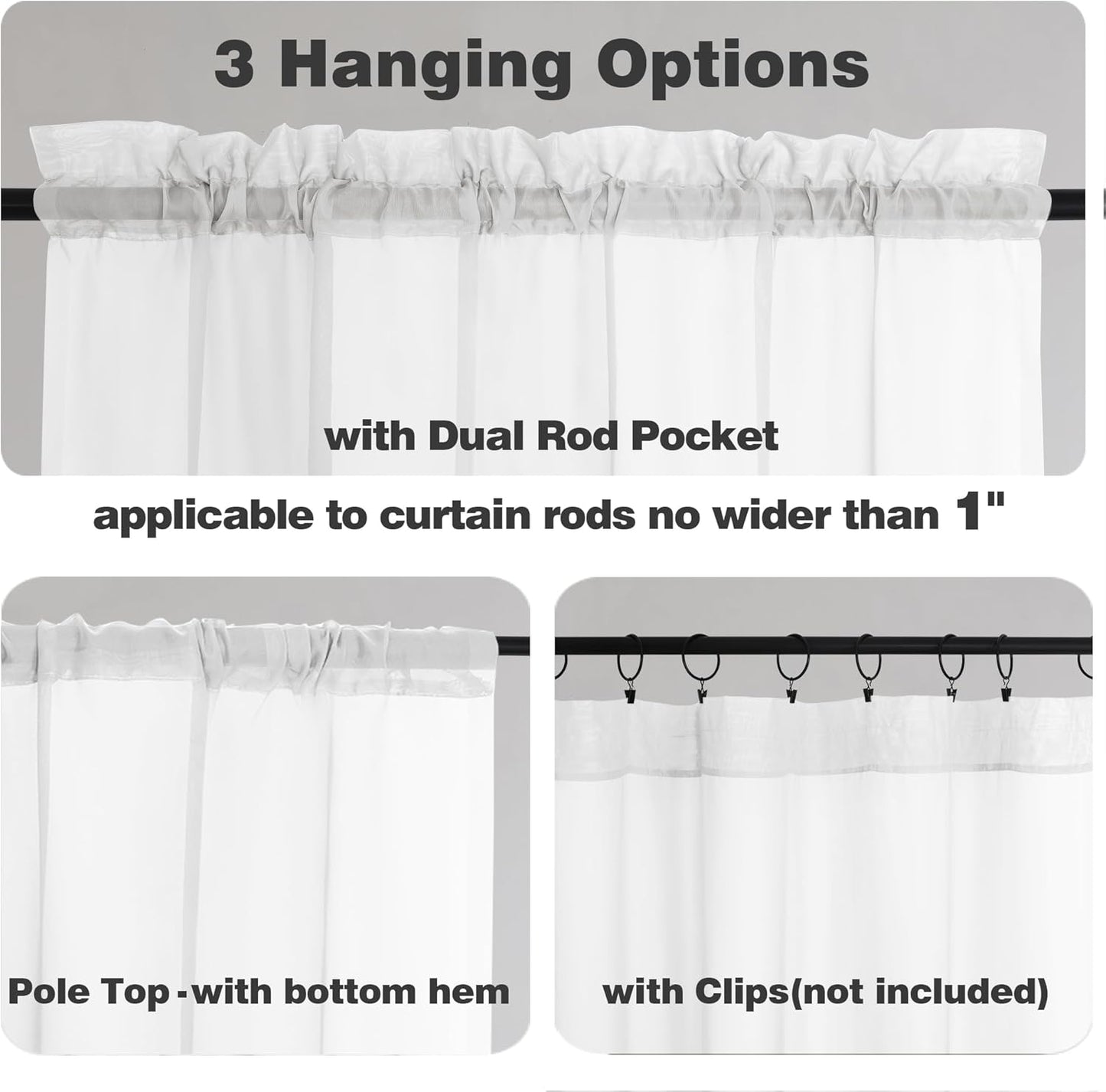 Chyhomenyc Sheer White Valances for Windows 2 Pack, Small Window Curtains for Living Room Bathroom Cafe Laundry Basement, Modern Top Dual Rod Pocket Voile Curtain, 42W x 14L inches, White