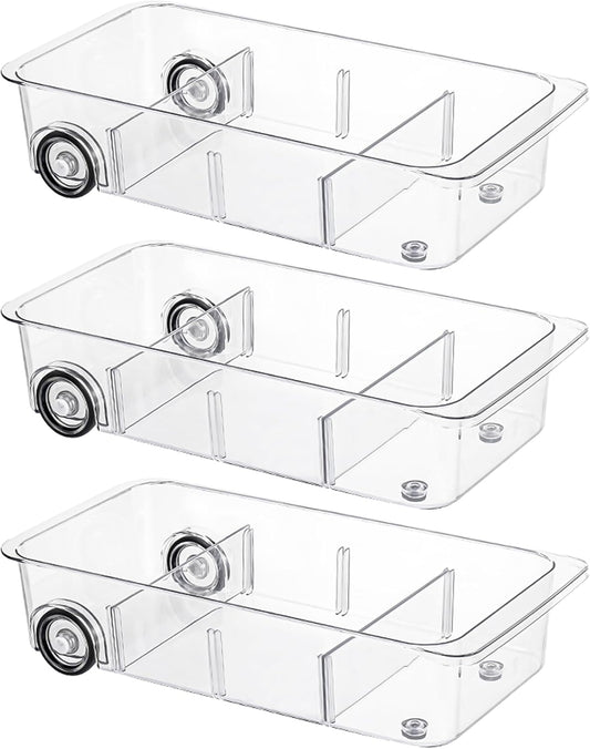 Fridge Organizer Bins With Wheels, 3 Pack Roll Out Refrigerator Organizers And Storage Refrigerator Drawer With Dividers, Upgrade Thick Plastic Pantry Storage Bins, Kitchen Organization