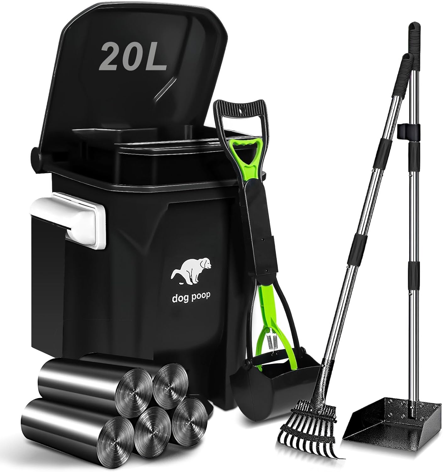 Dog Poop Trash Can Outside with Pooper Scooper and Metal Rake & Tray, 20L/5Gal Dog Waste Trash Can with Lid, Pedal and Removable Inner Waste Bin, Pet Poop Bin with 100 Bags