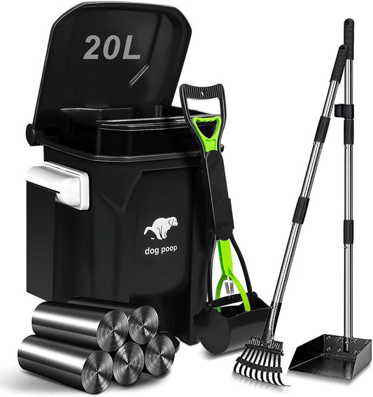 Dog Poop Trash Can Outside with Pooper Scooper and Metal Rake & Tray, 20L/5Gal Dog Waste Trash Can with Lid, Pedal and Removable Inner Waste Bin, Pet Poop Bin with 100 Bags