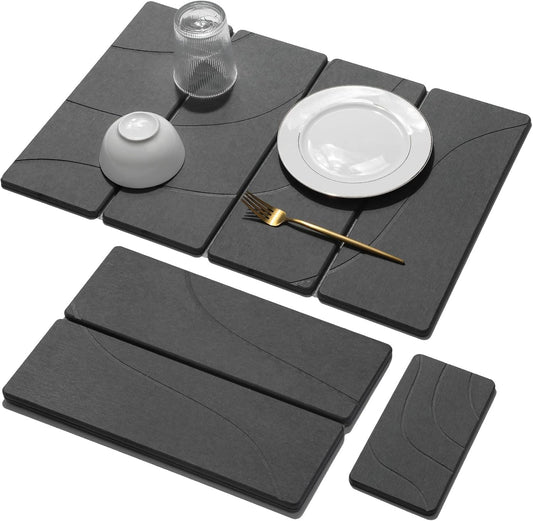 2 PCS Large Stone Dish Drying Mat for Kitchen Counter Quick Dry Stone Dishes Mats Marbled Water Absorbing Diatomaceous Earth Drying Pad for Countertop Bottles Utensils Cups (Carved Gray 24"x16"&8"x4")