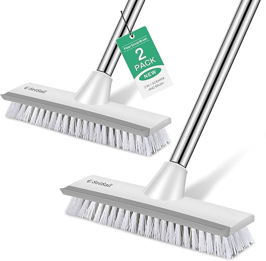 SetSail Floor Scrub Brush with 51-Inch Long Adjustable Handle 2 in 1 Scrape Brush Stiff Bristle Floor Scrubber for Cleaning Shower Bathroom Garage Kitchen Wall Deck Tub Tile, 2 Pack (Grey White)