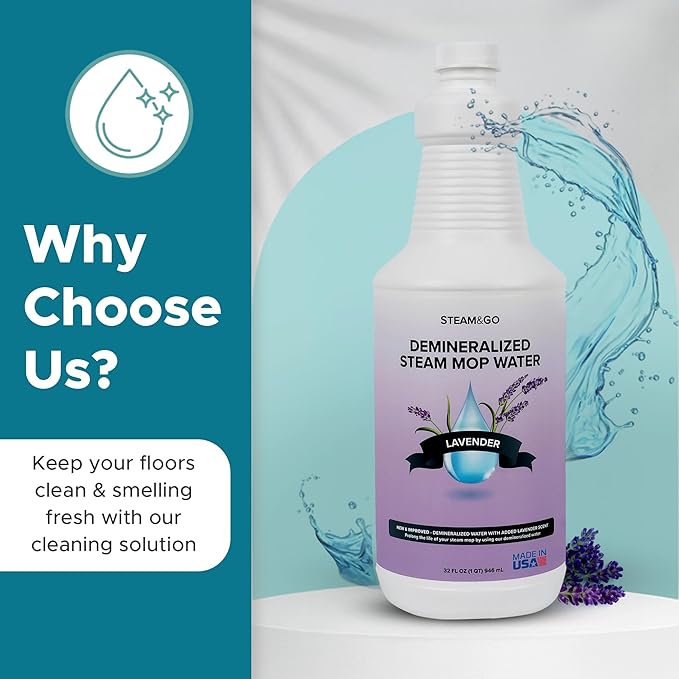 Steam & Go Demineralized Water for Steam Cleaner - PVC-Free Floor Cleaning Solution Compatible for All Steam Mops - Multi-Surface Cleaner for Home Surfaces - Lavender Scent, 32 oz (Pack of 12)