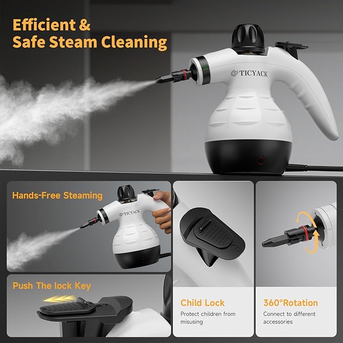 Handheld Steam Cleaner, Steam Cleaner with 16 PCS Accessory & Safety Lock, Capacity, Multi-Surface Deep Cleaning for Home, Car, Bathroom, Grout, Floor, Window(White/Black)