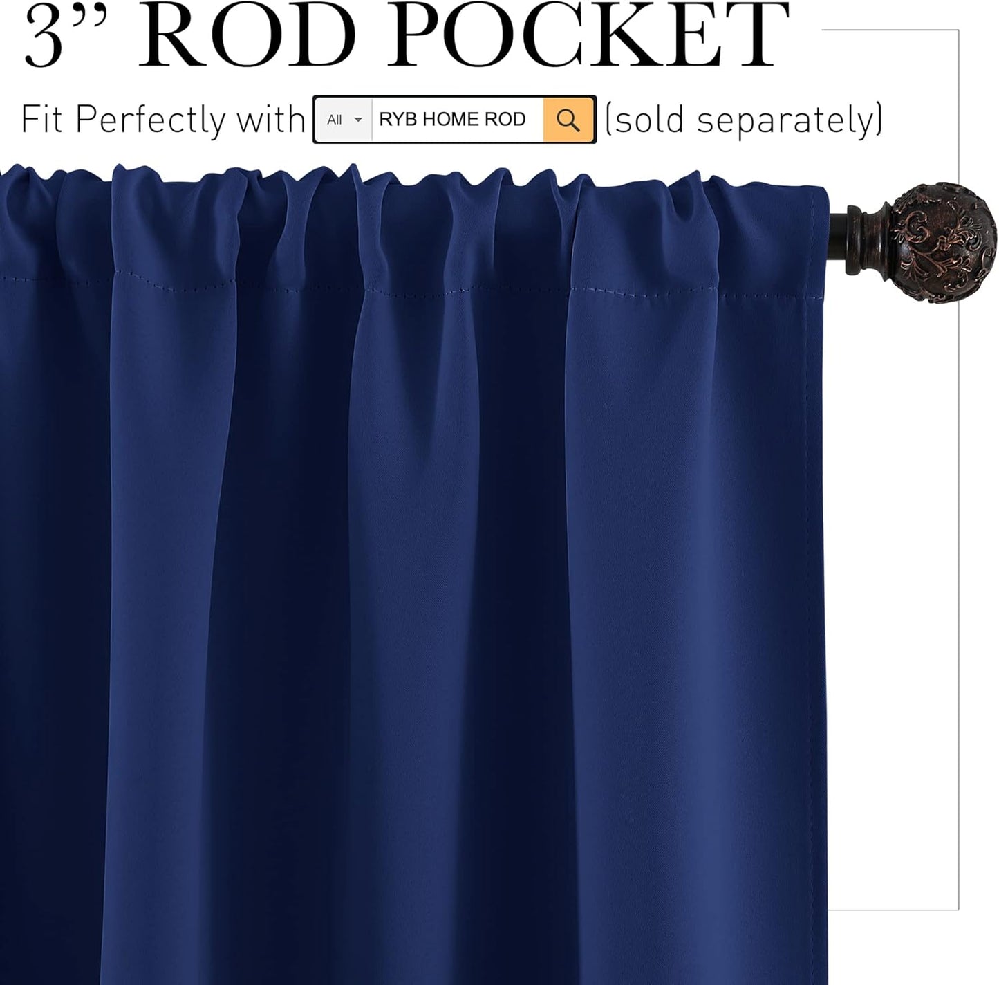 RYB HOME Short Curtains for Living Room Blackout Portable Blinds Shades for Bedroom Bathroom Basement Garage RV Camper Windows, 34 inches Width x 36 inches Length, Marine Blue, 2 Pcs