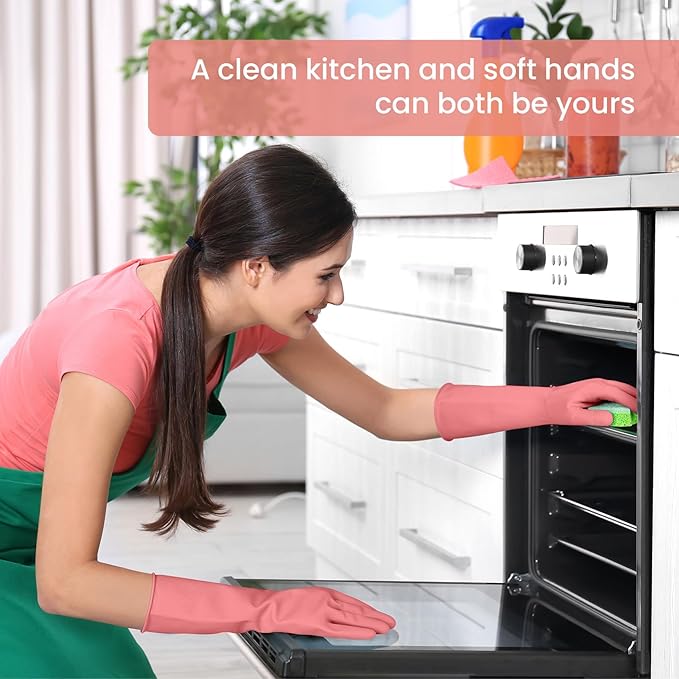 Rubber Cleaning Gloves for Dishwashing, 4 Pairs Reusable Kitchen Gloves for Washing Dishes and Household Cleaning, Pink Dish Gloves with Flocked Lining and Non-Slip Grip, Pefect for Woman Men - M