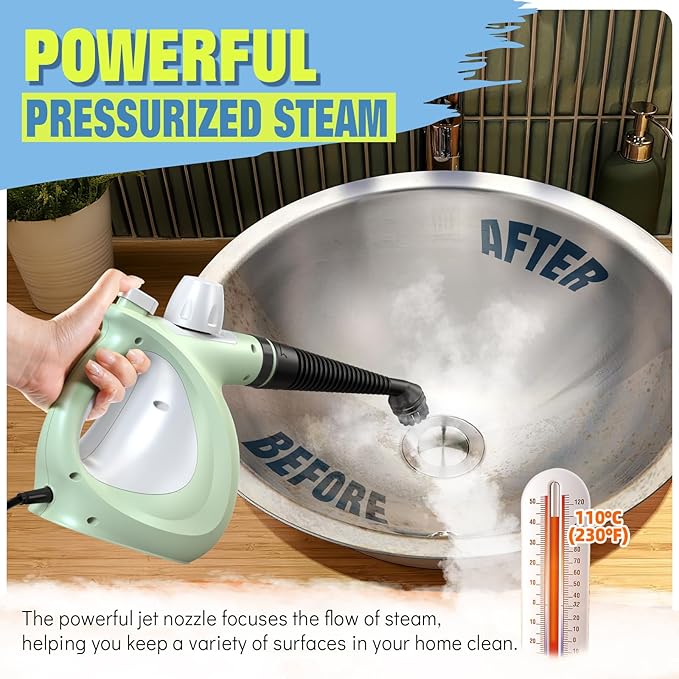 1200W Handheld Steam Cleaner for Home, Powerful Natural Multi‑Surface Steam Cleaner with 11 Accessories, 11.8oz Pressurized Steamer for Deep Cleaning Tile, Grout, Showers, Bathrooms, Kitchens & Car