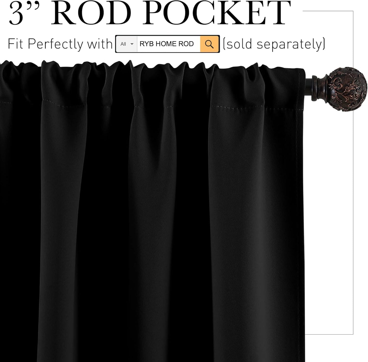 RYB HOME Black Curtain Panels for Nursery Soft Solid Energy Saving Drapes Window Treatments Insulated Panels Sunlights Block Privacy Protect for Bedroom Kitchen, 42 in x 54 in, Black, 2 Pcs