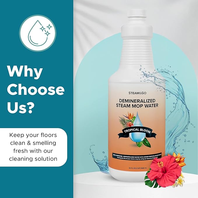 Steam & Go Demineralized Water for Steam Cleaner - PVC-Free Floor Cleaning Solution Compatible for All Steam Mops - Multi-Surface Cleaner for Home Surfaces - Tropical Bloom Scent, 32 oz