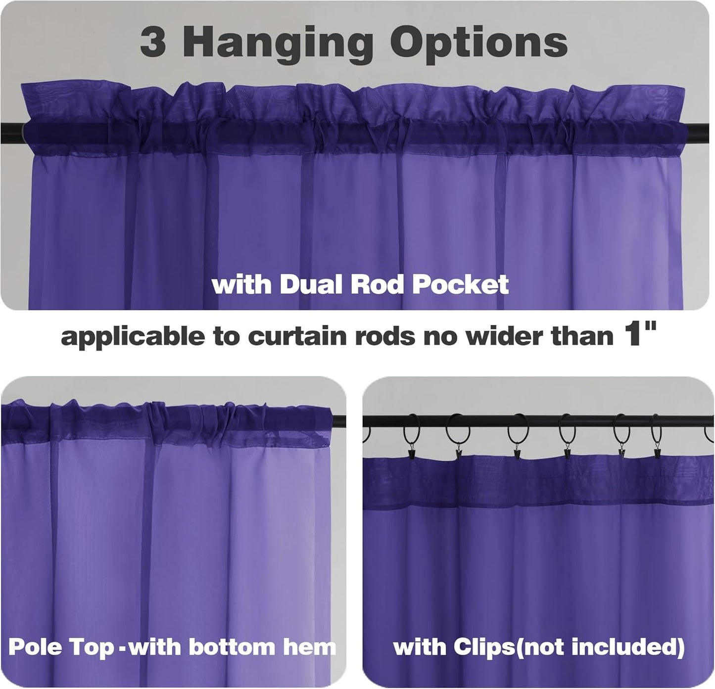 Chyhomenyc Sheer Curtains 63 Inch Length 2 Panels, Light Filtering Rod Pocket Window Sheer Curtain Drapes for Bedroom Living Room, 42Wx63L, 2 Panels, Purple