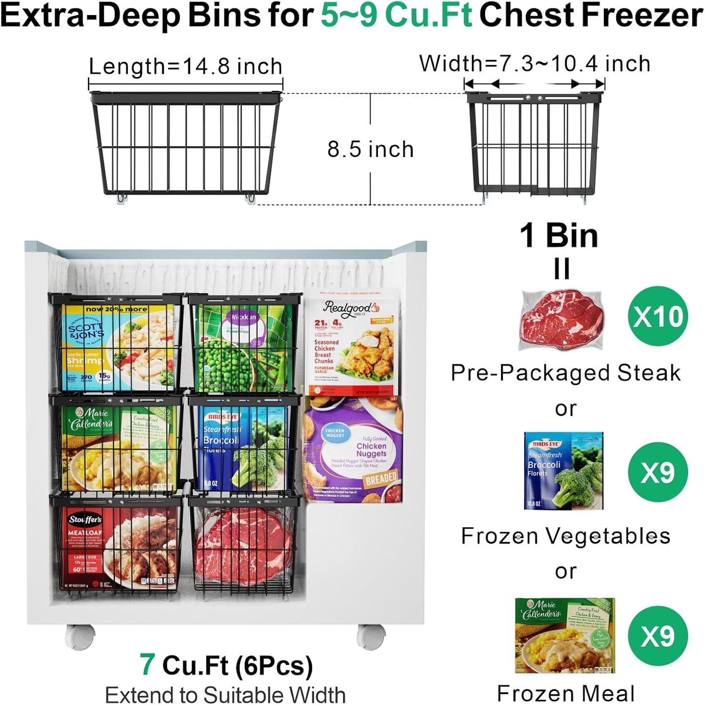 iSPECLE Freezer Organizer Bins - 4 Pack Adjustable & Extra Large Chest Freezer Organizer Bins for 5 to 9 Cu.Ft Deep Freezer, Easy Organize Basket Store More, Stackable No Wasted Space, Black