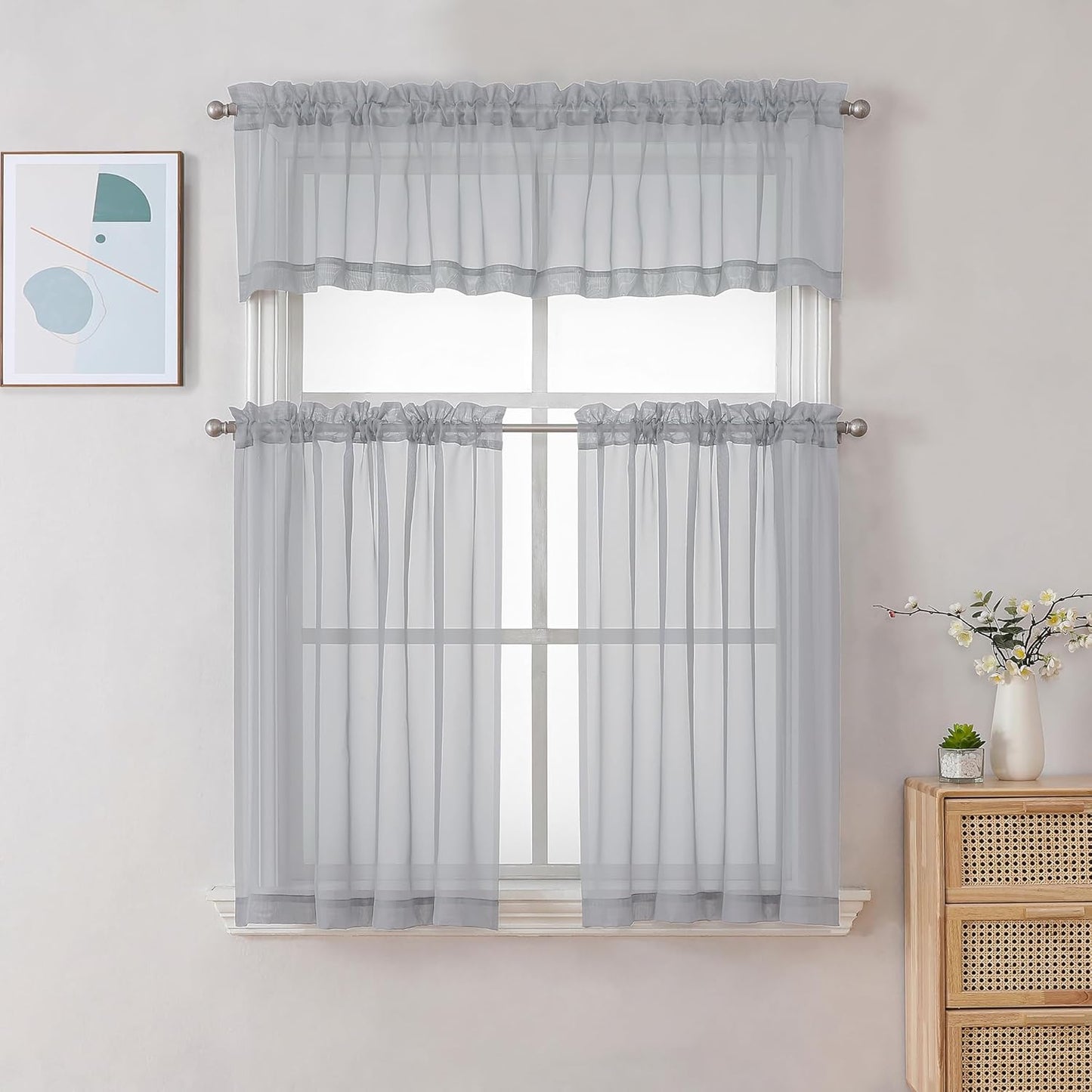 Chyhomenyc Light Grey Sheer Curtains 36 inch Length 2 Panels, Light Filtering Voile Rod Pocket Short Window Curtians for Bathroom Living Room Farmhouse Small Windows, 42Wx36L inches