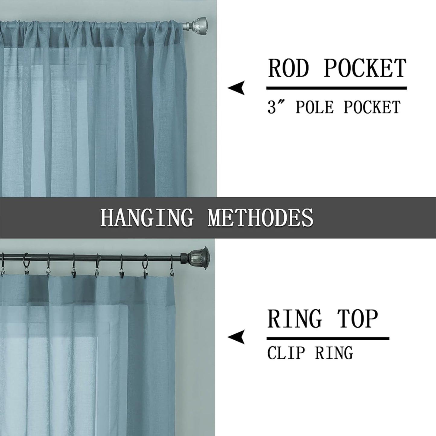 Tollpiz Sheer Curtains Living Room Linen Textured Curtain Sheers Light Filtering Voile Rod Pocket Curtains for Bedroom, 38 x 63 inches Long, Dusty Blue, Set of 2 Panels