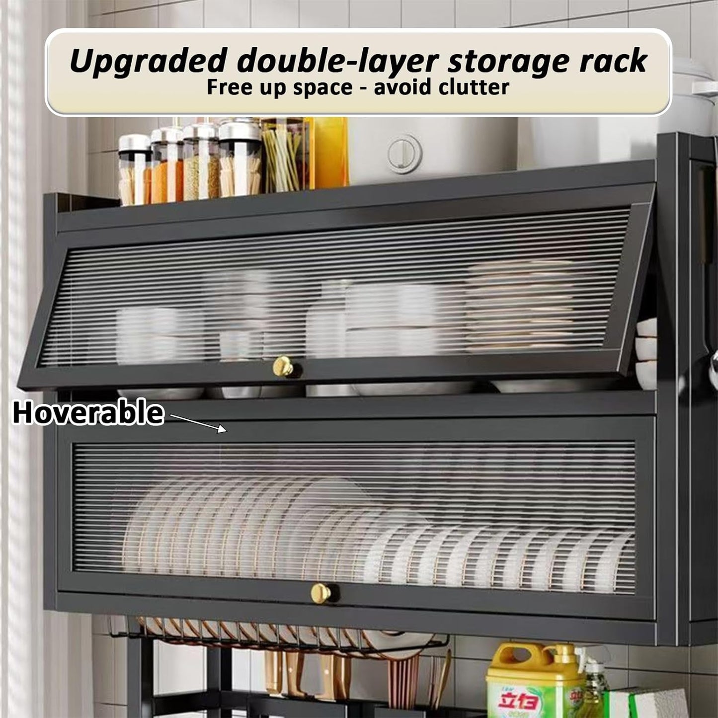 Dish Drying Rack 4 Tiers with Cover, Keep Kitchen Sink Shlef Organized Space-Saving Dish Drying Rack, for Dishes, Glasses, Bowls, Cutlery (black, W-29.5)