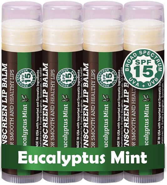 Earth's Daughter SPF Lip Balm Eucalyptus Mint 4-Pack - Lip Sunscreen, SPF 15, Organic Ingredients, Beeswax, Coconut Oil, Vitamin E - Hypoallergenic, Gluten Free