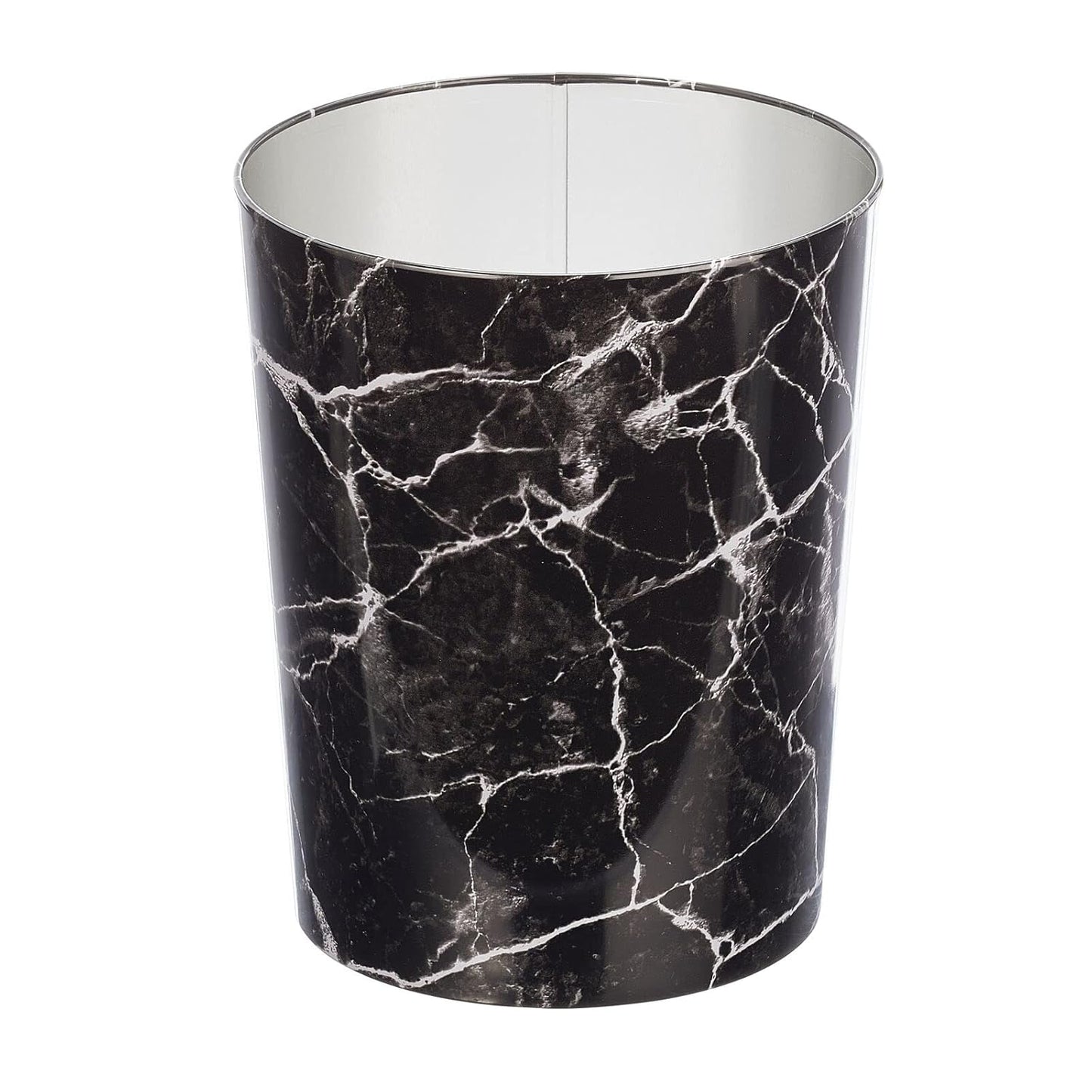 mDesign Round Metal Small 1.7 Gallon Recycle Trash Can Wastebasket, Garbage Container Bin for Bathrooms, Kitchen, Bedroom, Home Office - Durable Stainless Steel - Mirri Collection - Black Marble
