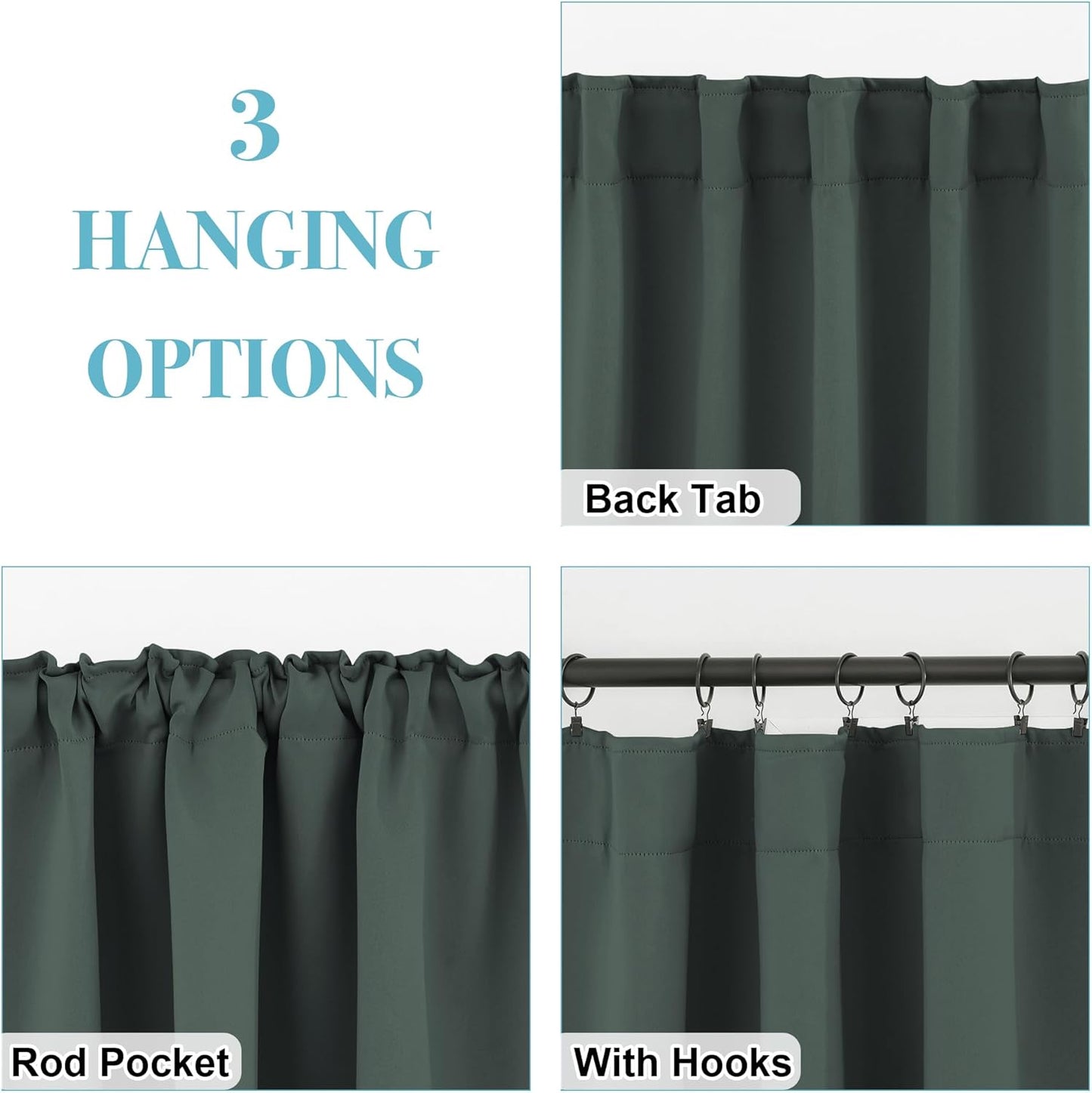 RYB HOME Short Blackout Curtains 36 inches Length for Cafe - Insualting Privacy Curtains for Kids Bedroom Kitchen Bathroom Basement Cabinet Tiers Drapes, 34 Width x 36 Length, 2 Panels, Dark Green