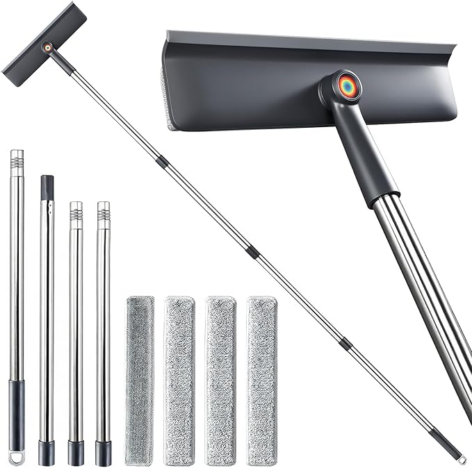 3-in-1 Window Squeegee for Home - 60" Window Cleaning Kit with 3 Microfiber Cloths & Screen Brush, All-in-1 Cleaner Tool for Outdoor Windows, Glass Door & Screens, Lightweight & Easy Storage