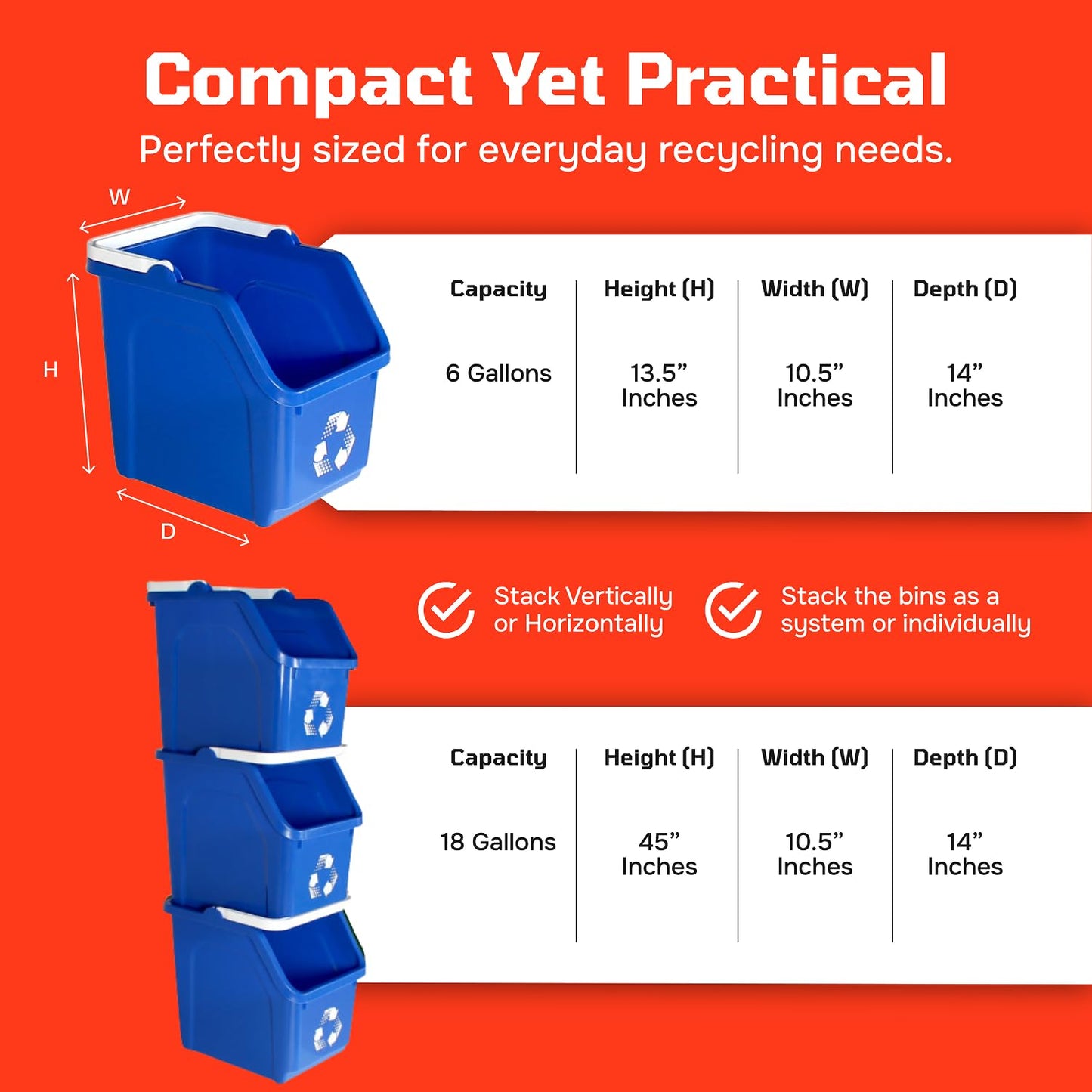 Multi Recycling Bin System with Three Stacking 6 Gallon Bins with Carrying Handles, Stackable and Compact for Offices, Homes, Garages, Businesses - (Grey, 3 Pack)