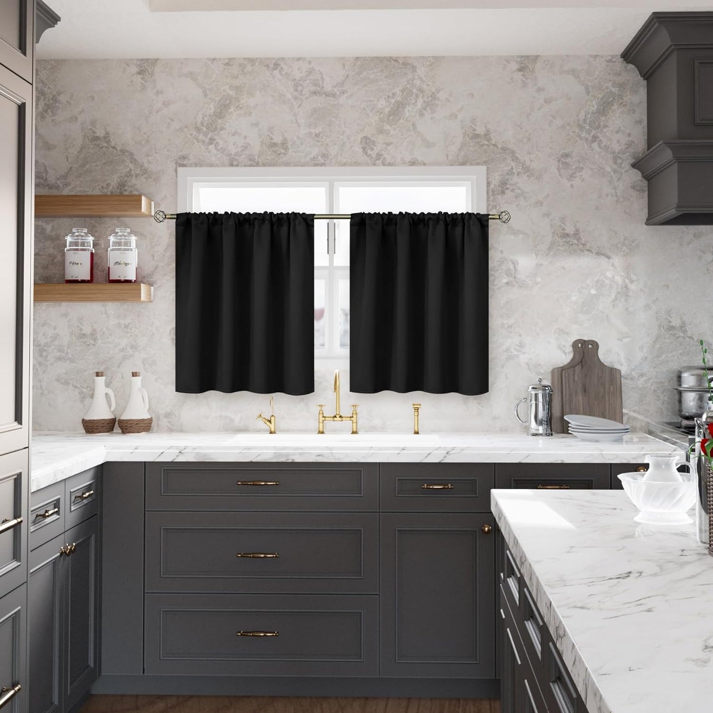 BGment Black Blackout Curtains 40 Inch Long for Bedroom KIthchen Window - Rod Pocket Short Length Window Drapes Privacy Blinds for Bathroom Rv Camper Cafe, 2 Panels, 34 x 40 Inch