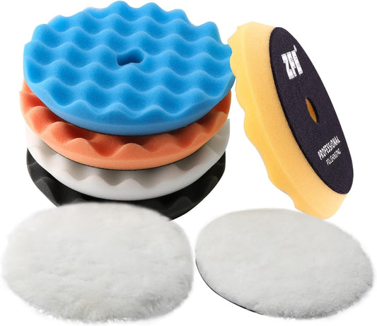 Buffing Polishing Pads, ZFE 7Pcs 6"(150mm) Waffle Foam Buffing Pads Polishing Pads Wool Pad Kit for 6Inch Backing Plate RO/DA/GA Car Polisher Boat Compounding, Polishing and Waxing