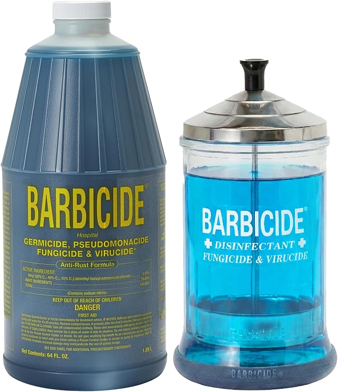 BARBICIDE Disinfectant Jar and Concentrate Starter Set (21 Oz Jar +64 Fl Oz)– Professional Salon, Spa & Barber Tool Sanitizing Kit