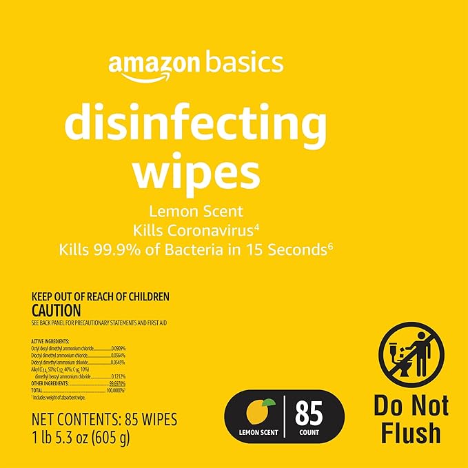 Amazon Basics Disinfecting Wipes, Lemon & Fresh Scent, Thick, Sanitizes/Cleans/Disinfects/Deodorizes, 340 Count (4 Packs of 85)