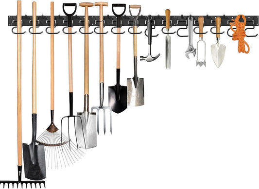 51 Inch Garden Tool Organizer Wall Mount with Non Slip Rubber Coated Metal Hooks, Storage Rack for Indoor/Outdoor Shovel, Rake, Mop and Broom Holder Wall Mount （ 15 Hooks+15 Holders