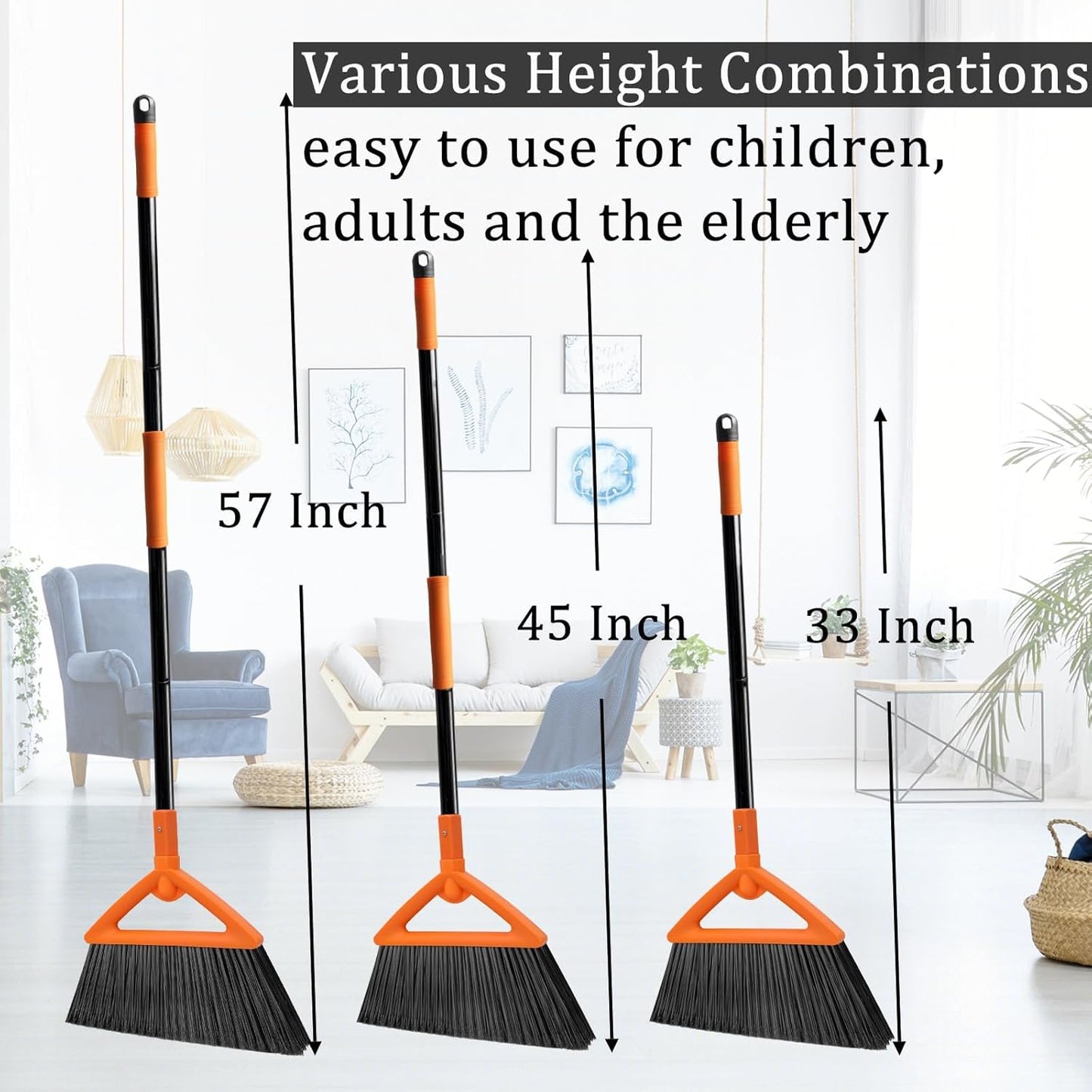 3 Pack Outdoor Indoor Broom, Brooms for Sweeeping Indoor, Heavy-Duty Kitchen Broom with Long Pole, Angle Broom Orange for Garages Restaurant Courtyard Office Slidewalk Lobby Sweep Dust