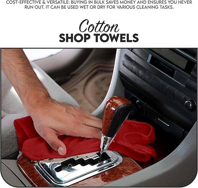 Cotton Shop Towel – Multipurpose Cleaning Cloths (14" x 12" - Pack of 150 - Red) Reusable Shop Rags for Automobiles, Industrial, Restaurants, Garage, and Homes