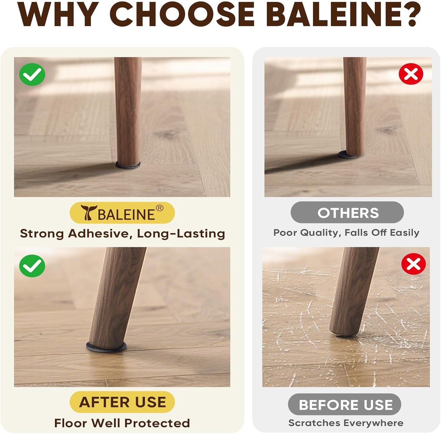 BALEINE 300PCS Felt Furniture Pads, Multi-Size Felt Pads for Chair Legs, Tables, Beds, Scratch-Reducing Floor Protectors for Hardwood Floors, Tile, Vinyl, and Laminate (300PCS, Black)