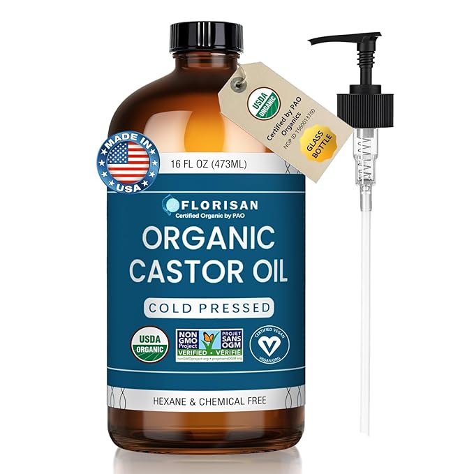 Organic Castor Oil 16oz Glass Bottle, Cold Pressed, Hexane-Free, Non-GMO, 100% Pure Castor Oil for Hair Growth, Skin, Lashes, Eyebrows, EWG Verified & USDA Organic Certified